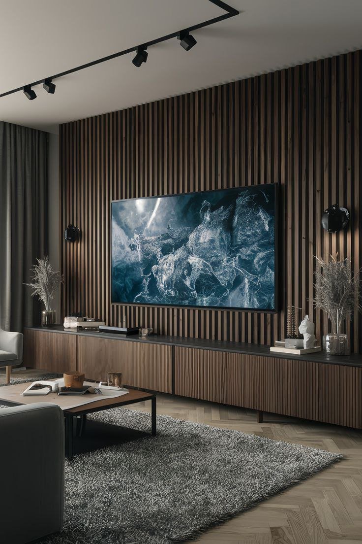 خلفية شاشة تلفزيون خشب بتصميم أنيق، بسيط وعصري.